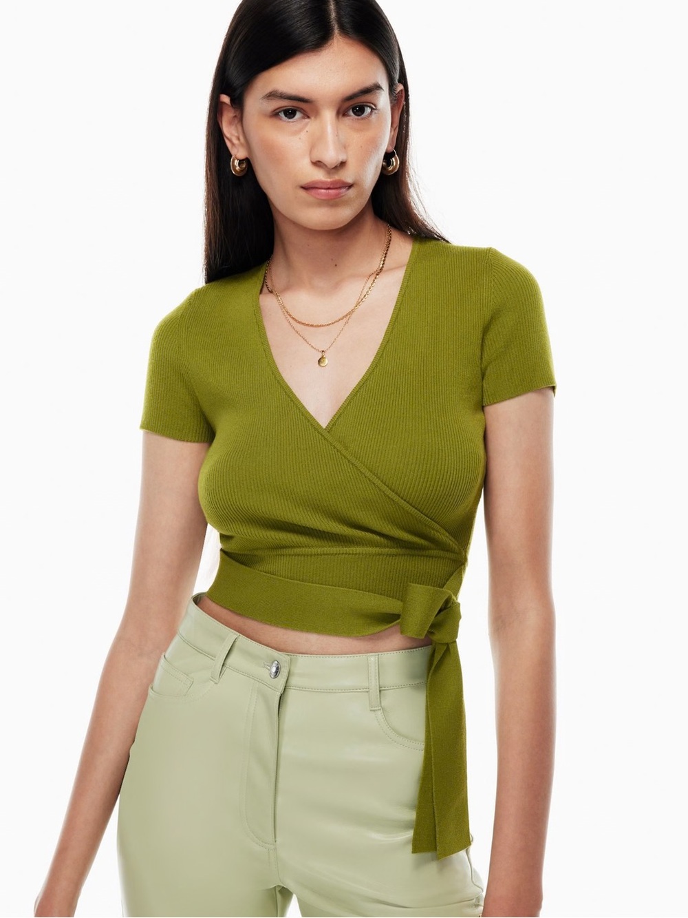 Aritzia Wilfred All Tied Up Rib Knit Sweater Succulent Green Faux Wrap Medium